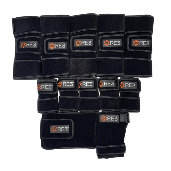 The RE3 Ice Compression team pack. Consisting of 5 x knee/leg/arm, 5 x ankle/wrist/elbow , 1 x back/chest & 1 x shoulder/ hip/glute compression pack